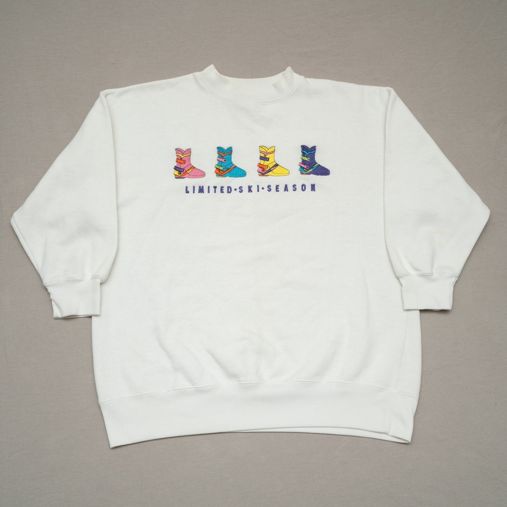 Vtg‎ 90s Y2k Limited Jeans Ski Season Embroidered Oversized Sweatshirt White S